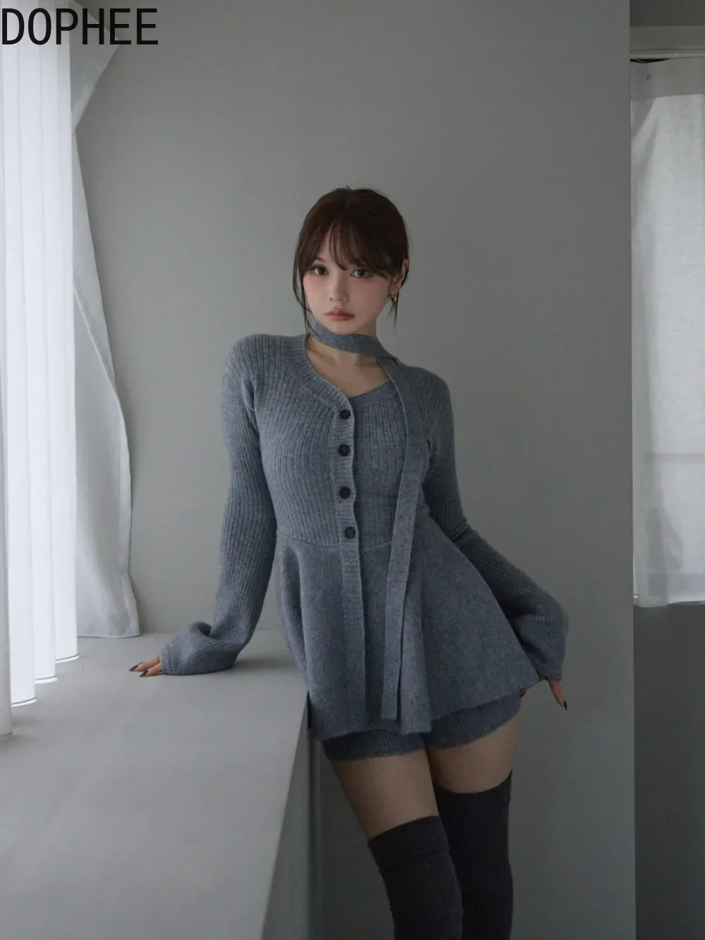 Japanese New Autumn Winter Fashion Lady Elegant V-neck Single-breasted Long Sleeve Sweater Dress Casual Knitted Straight Shorts