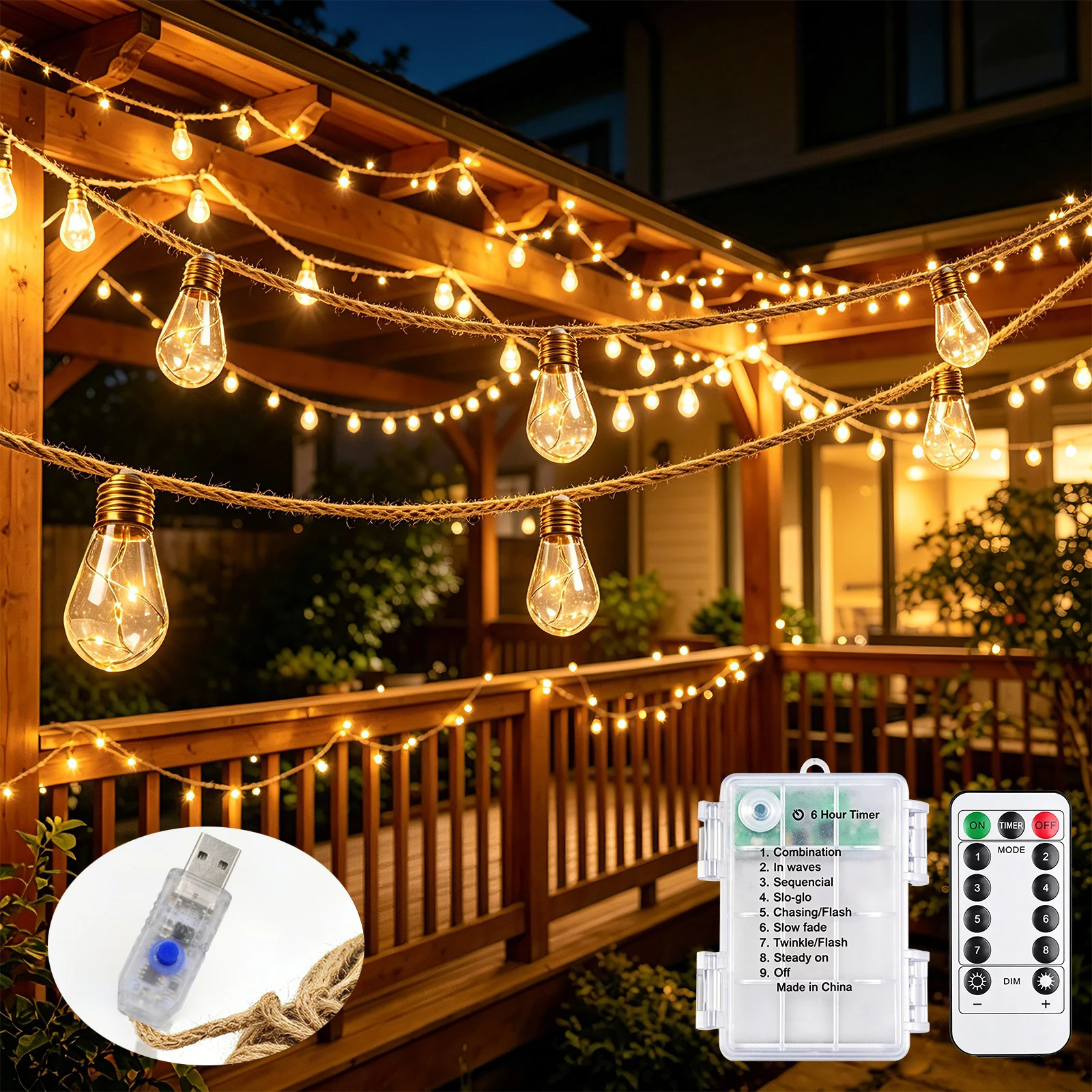 Hemp Ball Bubble Copper Wire String Light USB/Battery Box with Remote 8 Mode Outdoor Lamp Garland Patio Garden Decor Fairy Light
