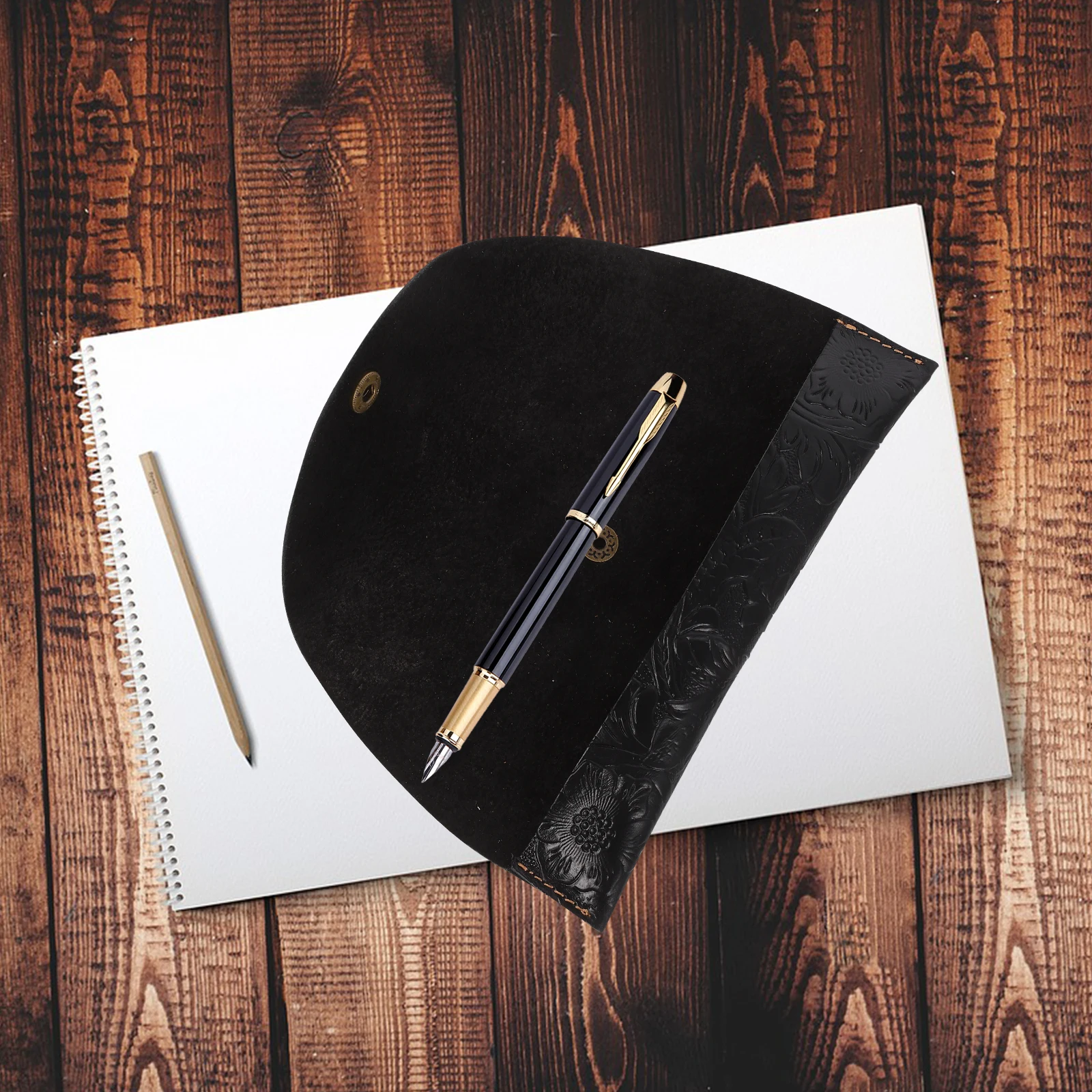 

Retro Style Genuine Leather Pen Roll Pencil Case Black Embossed Pattern Art Students Storage Bag Organizer Roll Up Pouch