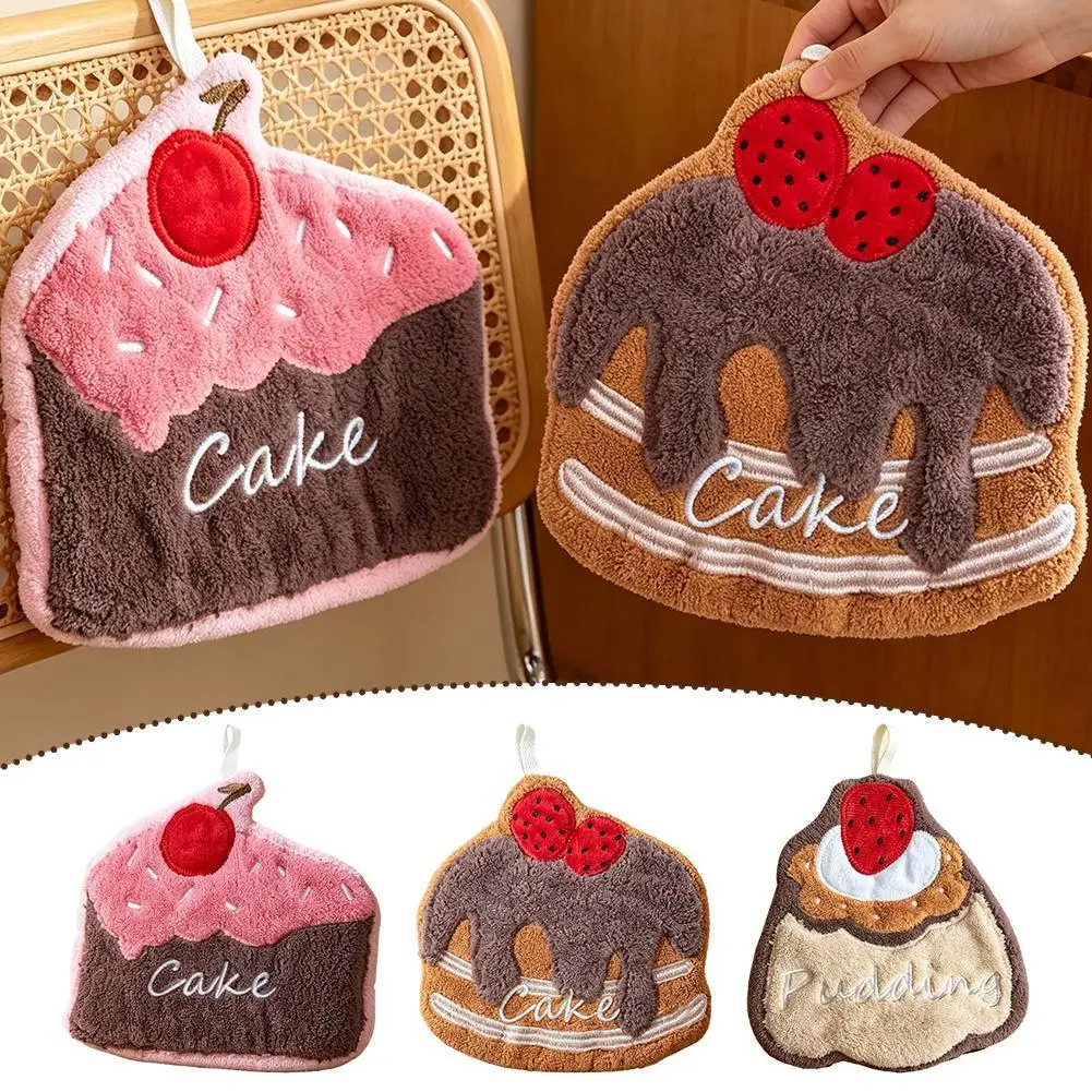 Cute Cake Shape Hand Towel Thick Absorbent Coral Fleece Hanging Wiping Cloth for Kitchen Bathroom Kids Home