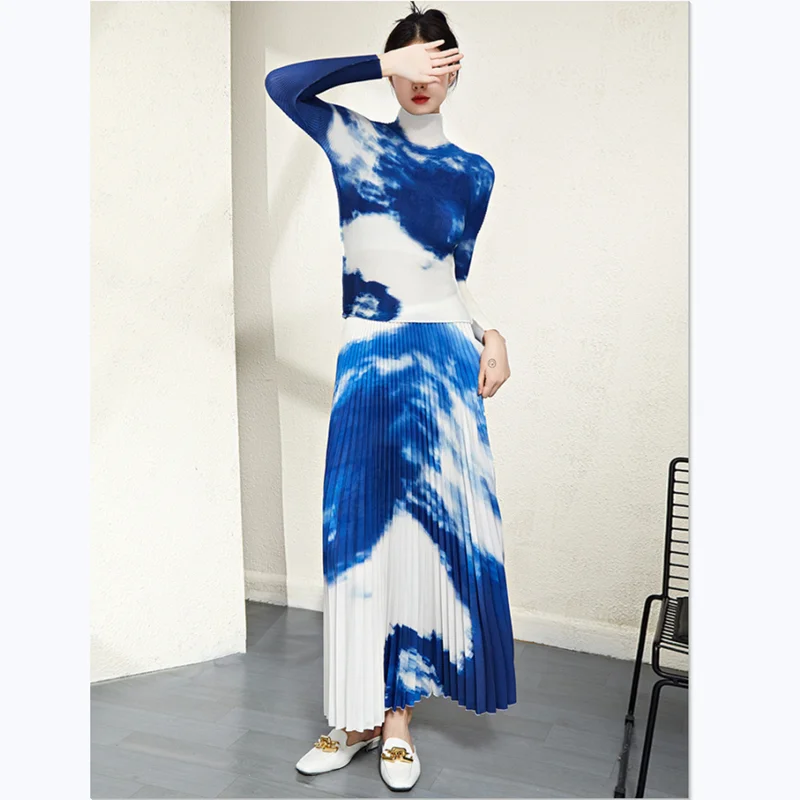 2 Stuks Set Voor Vrouwen Miyake Geplooide Herfst Nieuwe Mode Coltrui Stretch T-Shirt + Elastische Wais Rok Pakken Blauw