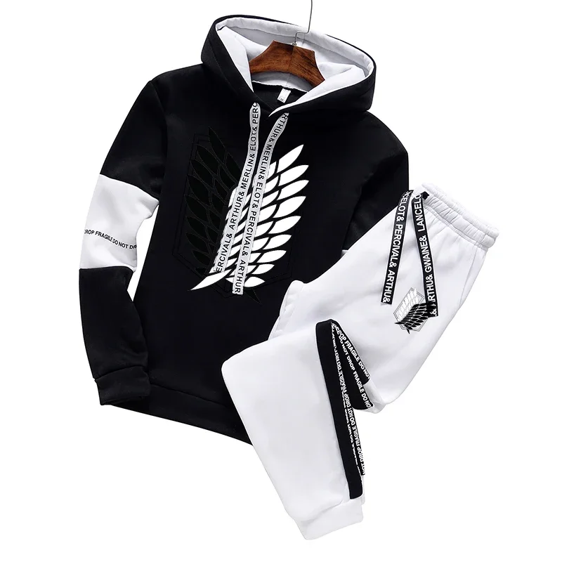 Mens Tracksuit Printing Casual Black White Hooded Sweatshirt Jogging Fitness Clothing Fashion Versatile Trend Tops Pants Suit