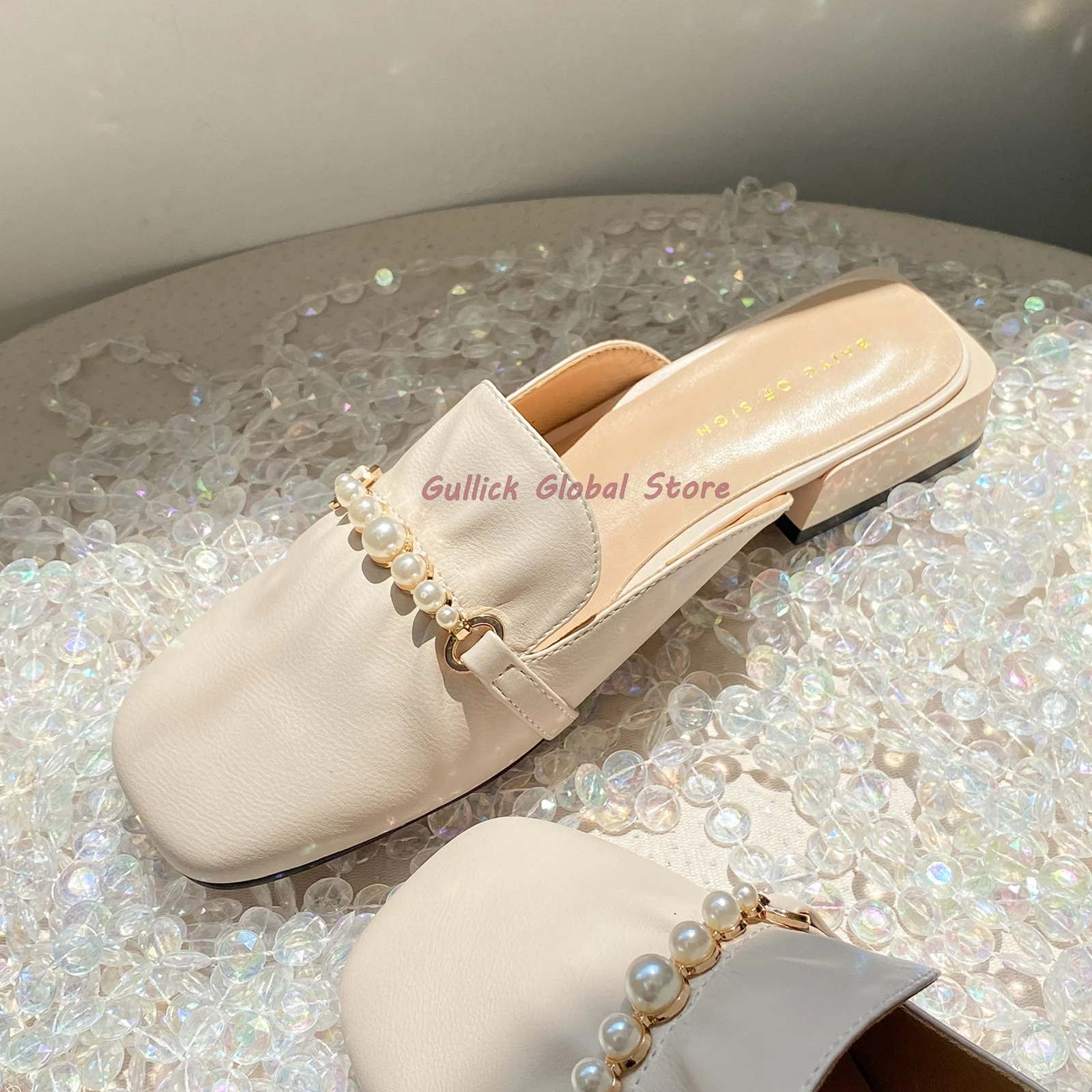 2024 New Genuine Leather Wrapped Toe Shallow Pearl Chunky Heel Slippers Summer Dress Casual Soft Comfortable Women Slides Shoes