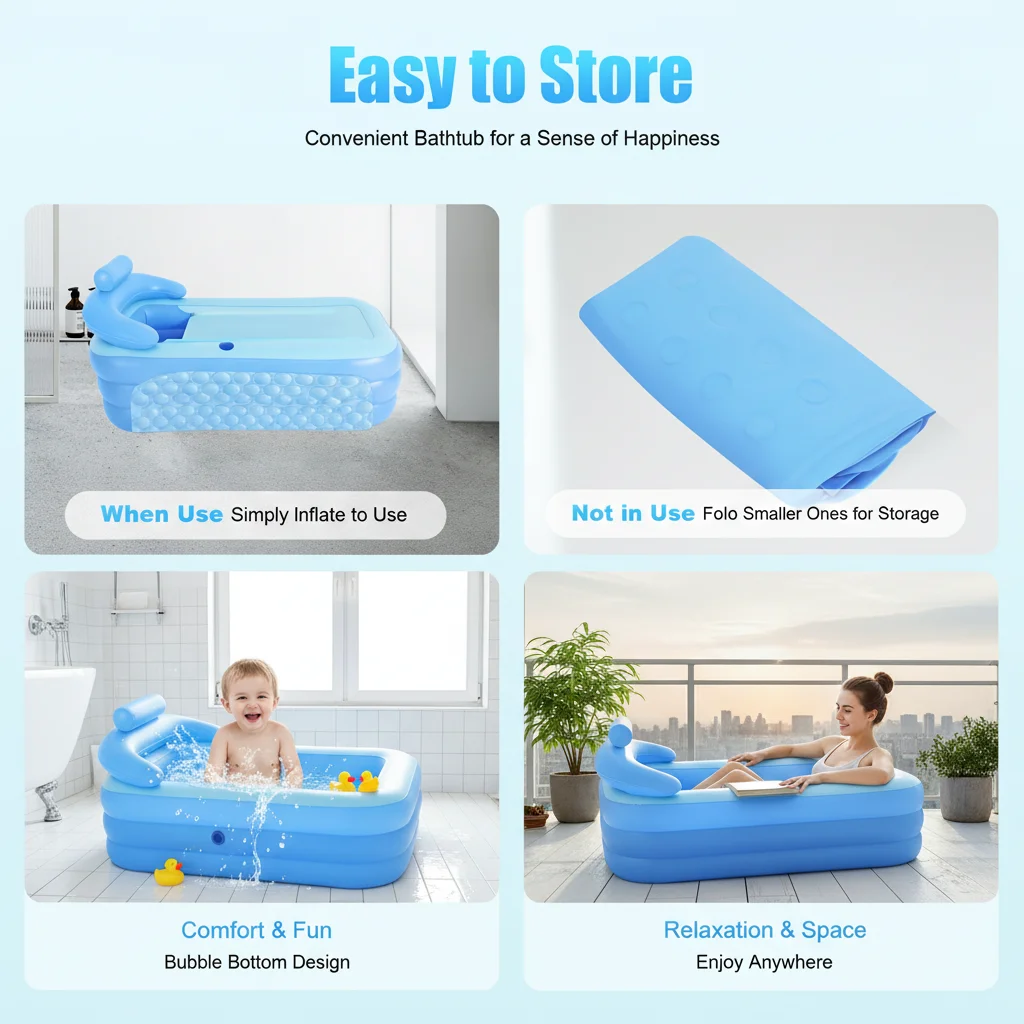 Baignoire Gonflable Pliable Bleue avec Fond à Bulles, Dossier Ergonomique et Accoudoirs, Portable et Autonome pour Salle de Bain à Domicile