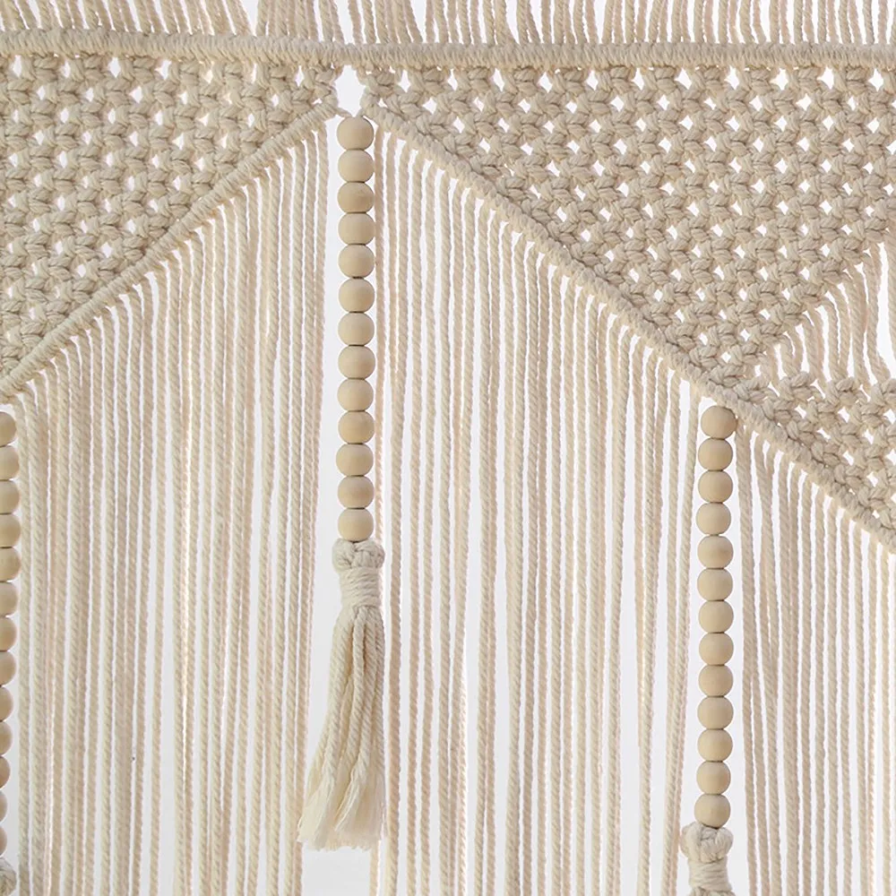 KYCOR-Macrame Wall Hanging Boho Woven Tapestry, Beige White Tassel Decor Curtain For Home Backdrop (Wood Stick Not Included)