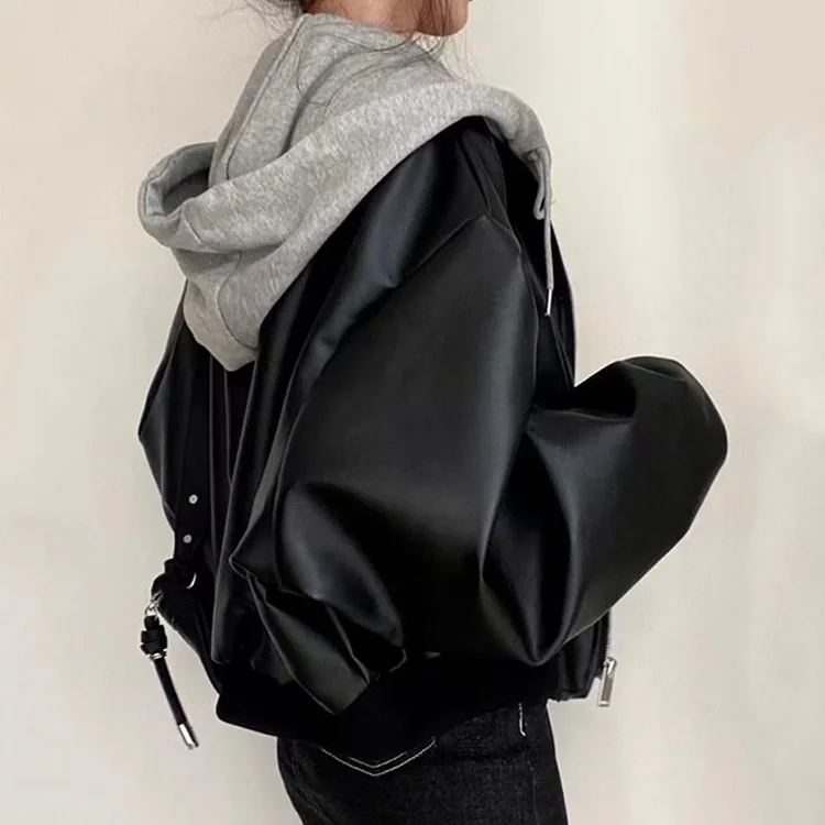 

Fashion Hooded Loose Leather Jackets Women Fashion Faux Leather Zipper Coats Pocket Versatile Autumn Winter Chic Korean Jackets