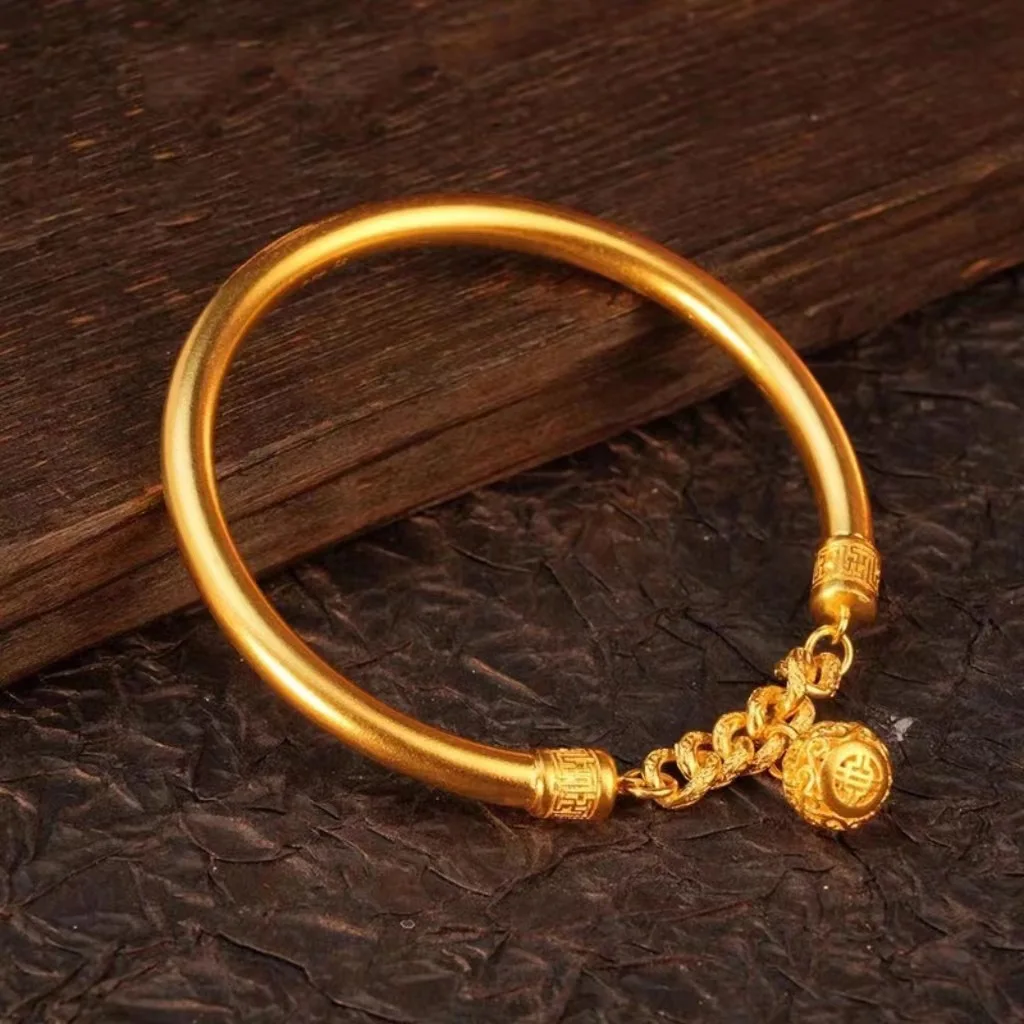 

99924k real gold, exquisite ancient Palace Bell Bangle, women of the art of retro hand ring yellow antique jewelry