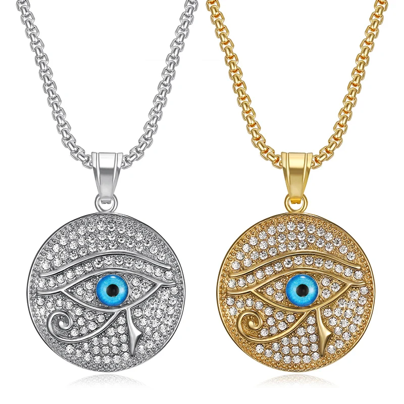 Hip Hop Bling Iced Out Solid Stainless Steel Eye of Horus Round Pendants Necklace for Men Rapper Jewelry Gold Silver Color