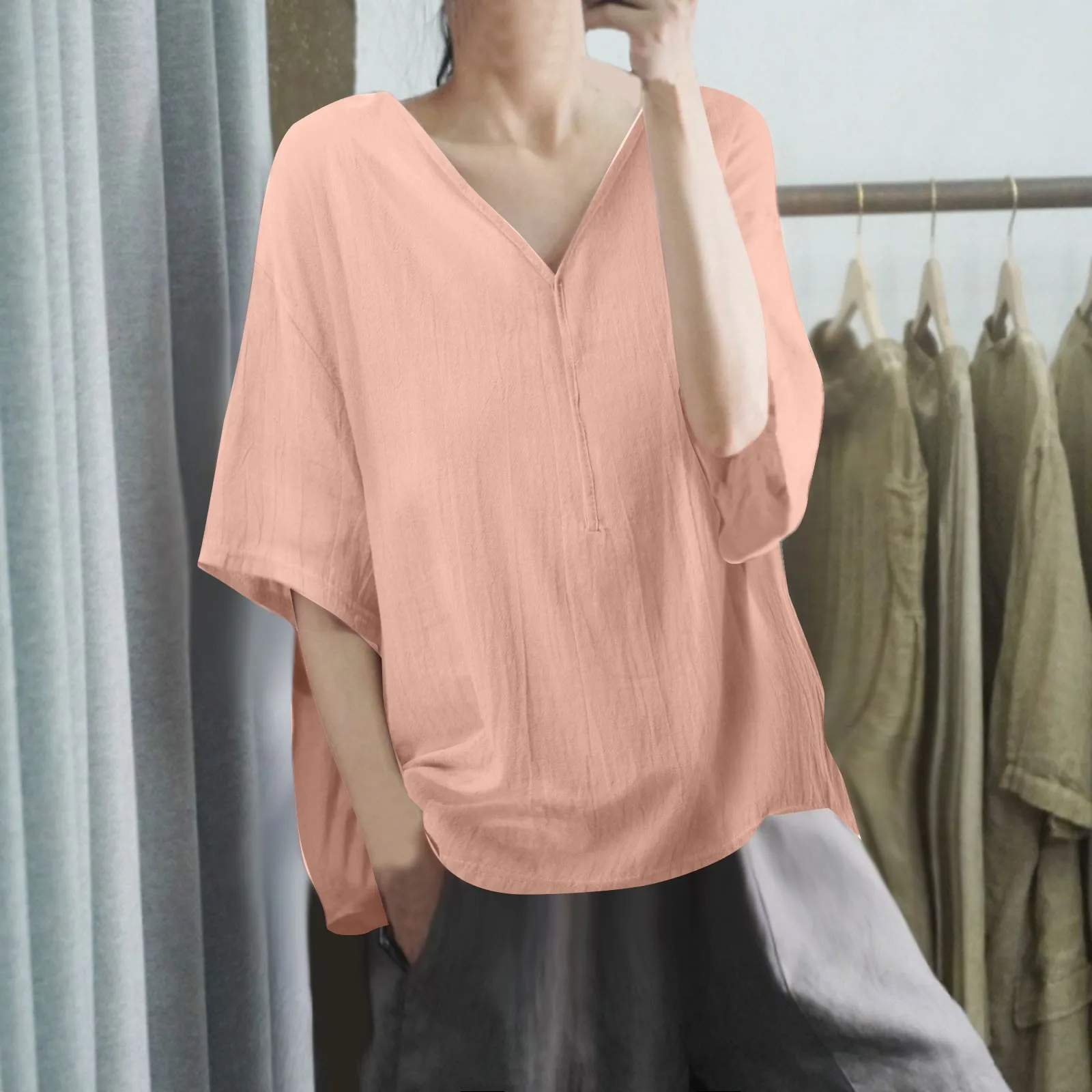 Summer Women\'s Shirt Tops Fashion V Neck Loose Pullover Shirt Tops Large Size Casual Solid Colour Short Sleeve Shirt Blouse