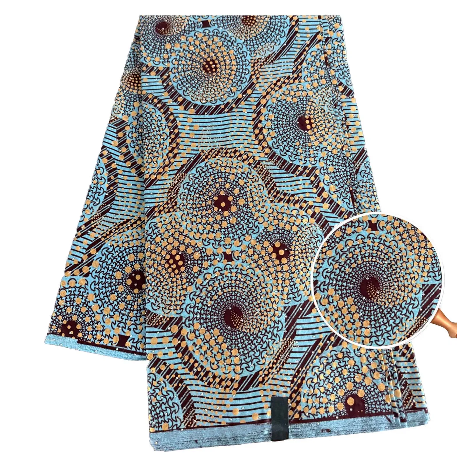

Sky blue wax Pagne sequined African batik print fabric, premium cotton dress material.