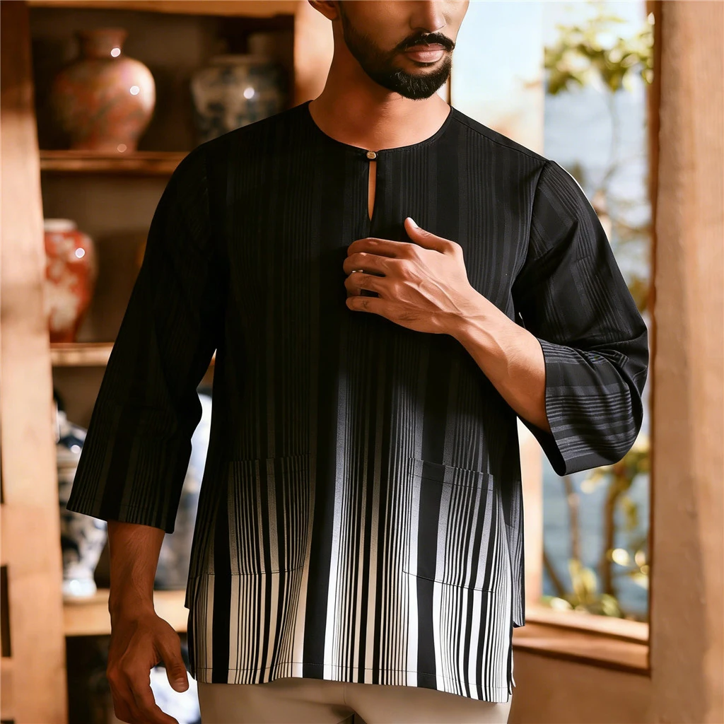 

Men's 3/4 Sleeve Round Neck Shirt, Fit dot Pattern 3D Print Blouse Pockets stripe grid Pattern Daily Casual Vacation Wear Top