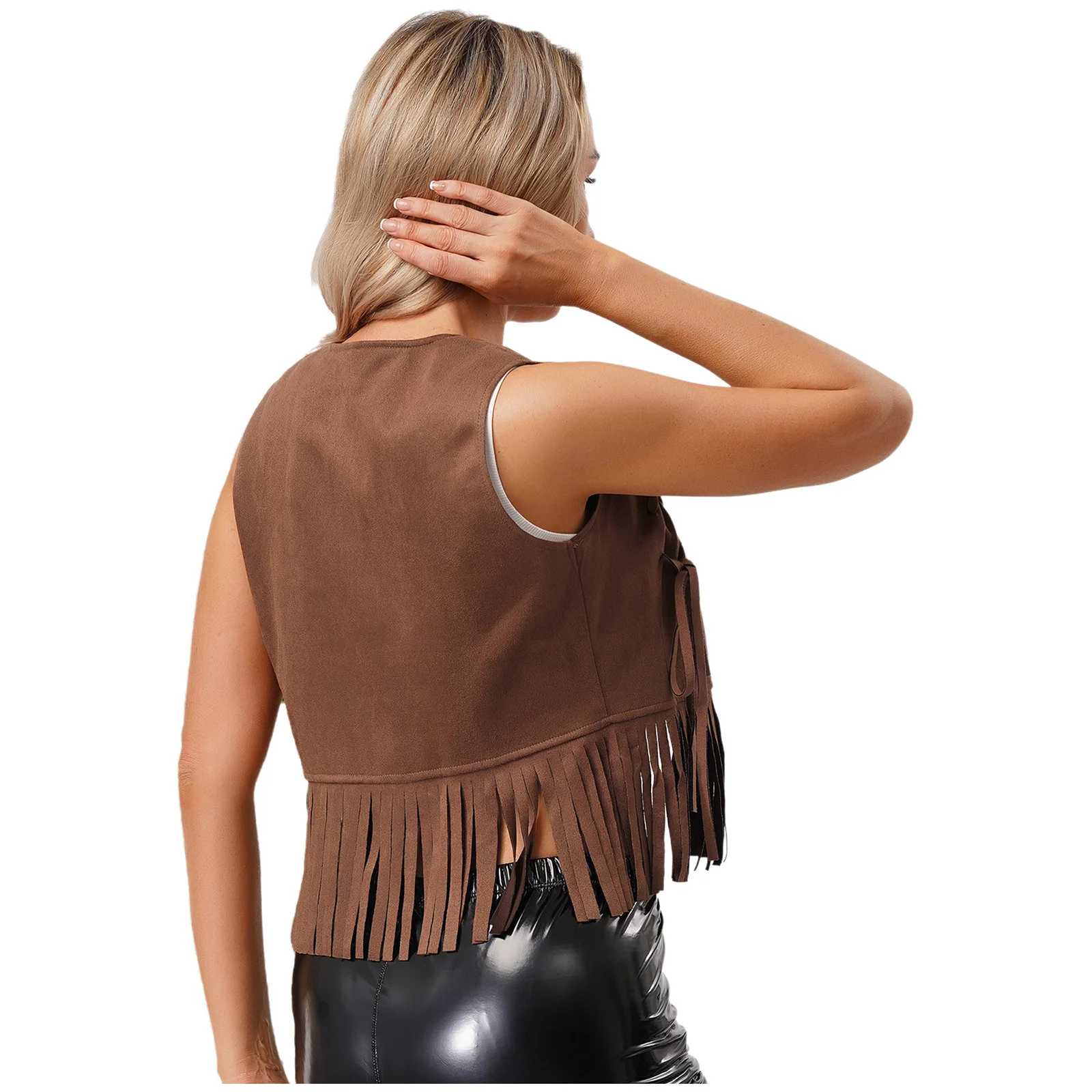 Womens 70s Hippie Cowgirl Cropped Tank Top Open Front Tying Decor Tassel Trim Cardigan Vest Disco Dance Vintage Party Costume