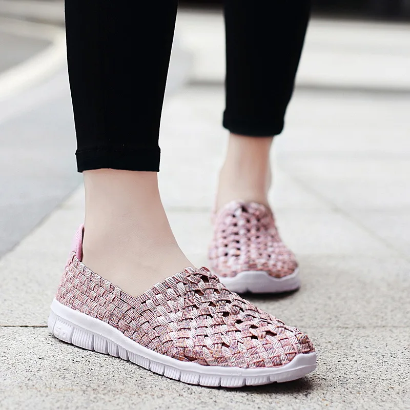 Women Sneakers Summer Breathable Lightweight Slip on Women Flat Shoes Female Loafers Manual Woven Shallow Women Casual Shoes