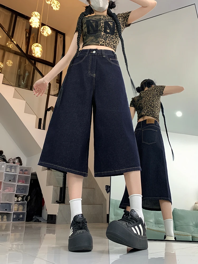 

American Sle темно-синие широкие брюки Seven-Five Denim orts женские летние свободные брюки больших размеров с высокой талией для похудения прямые брюки