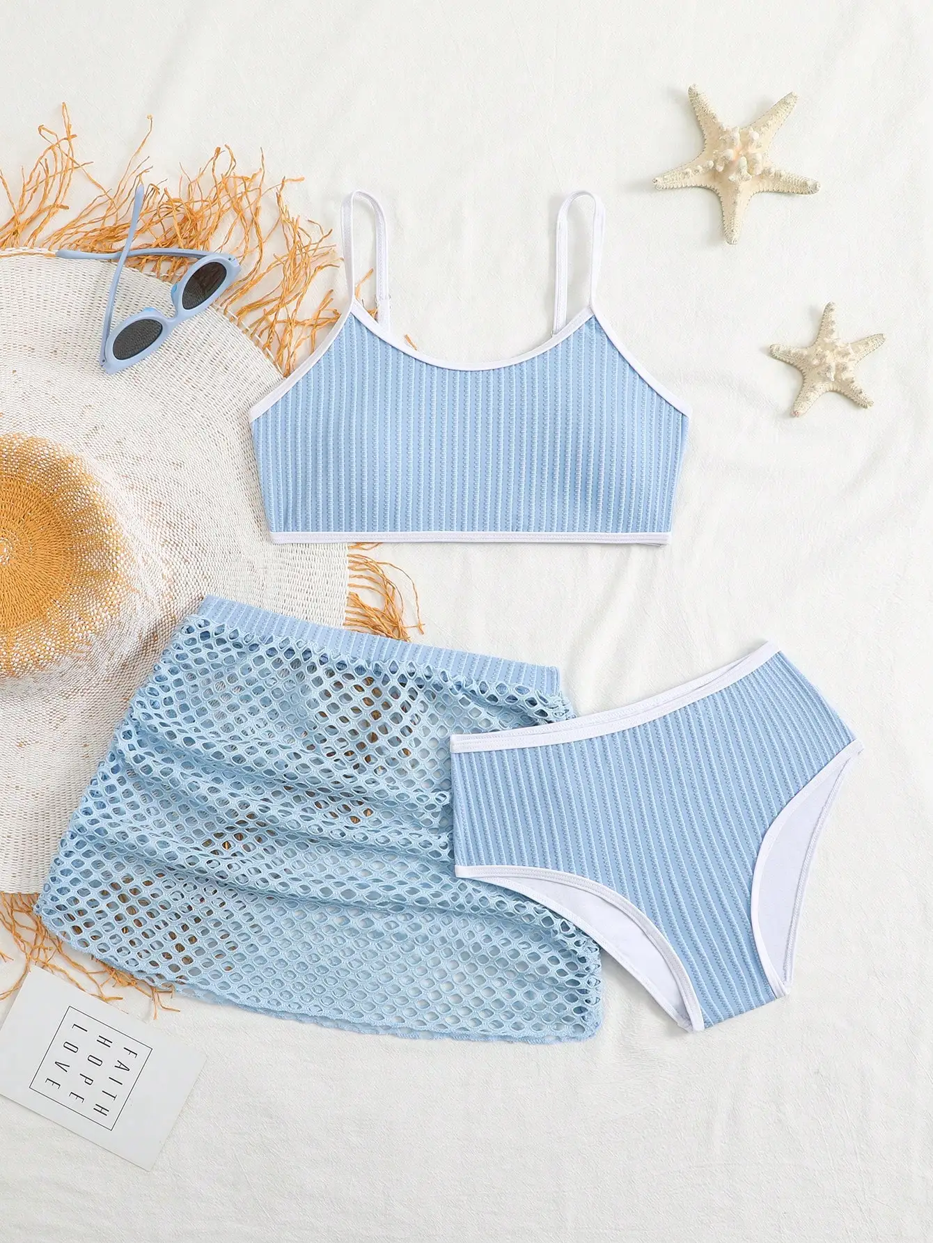 

3 Piece Women's Bikini Set With Mesh Skirt Blue Striped Beach Swimwear