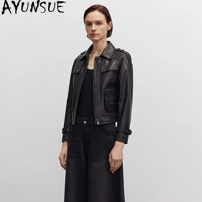 AYUNSUE Echtlederjacke Damen 2025, echter Schaffellmantel, Motorradjacken, Frühling und Herbst, Damenbekleidung, neu in Oberbekleidung