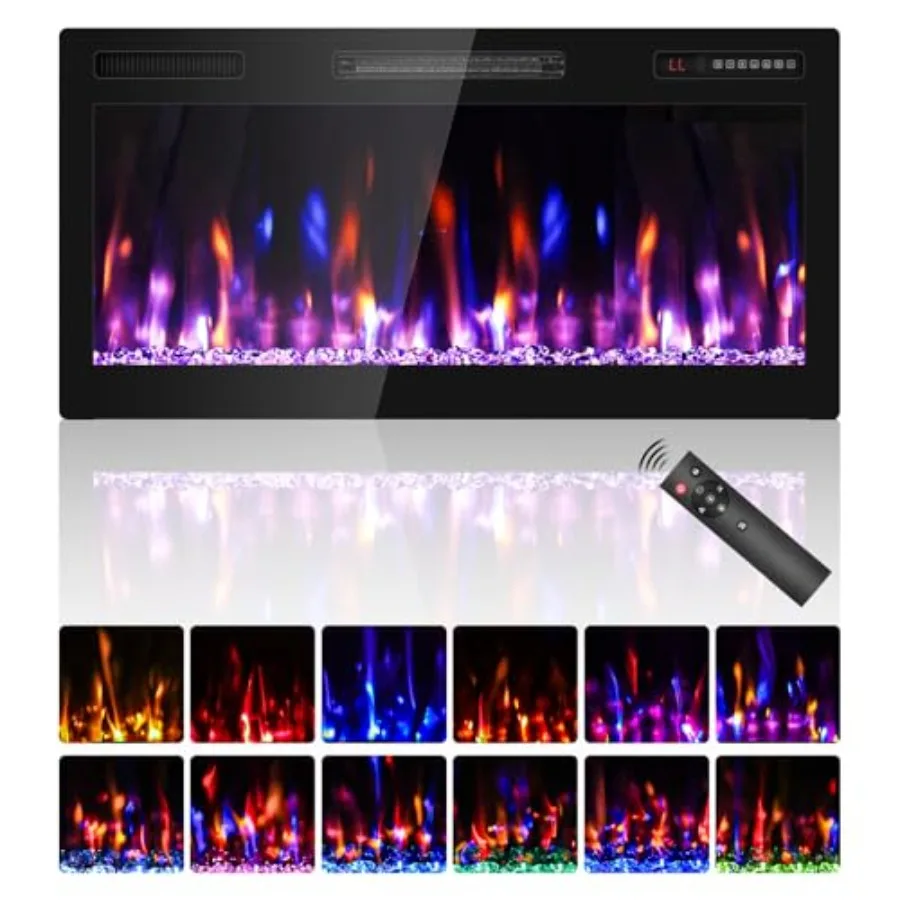 

36 Inch Electric Fireplace Recessed and Wall Mounted Ultra Slim Linear Fireplace Heater with Crystal HD Realistic Flame Lower N