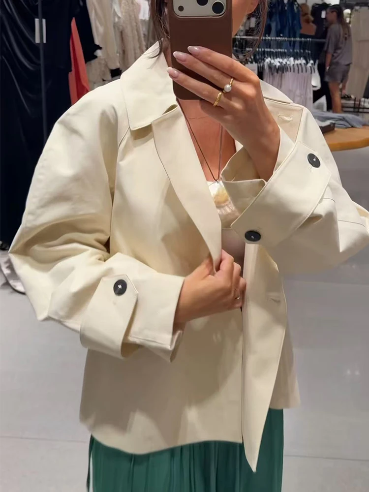 Women's Cropped Trench Coat Chic Lapel Collar Long Sleeves Wide Shoulder Windbreaker Jacket Autumn New Commuting Daily Jackets