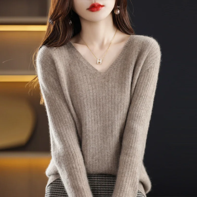 

2024 New Autumn V-collar Knitted Sweater Women Casual Solid Long Sleeve Pullovers Winter Ladies Fashion Warm Jumper Tops T55