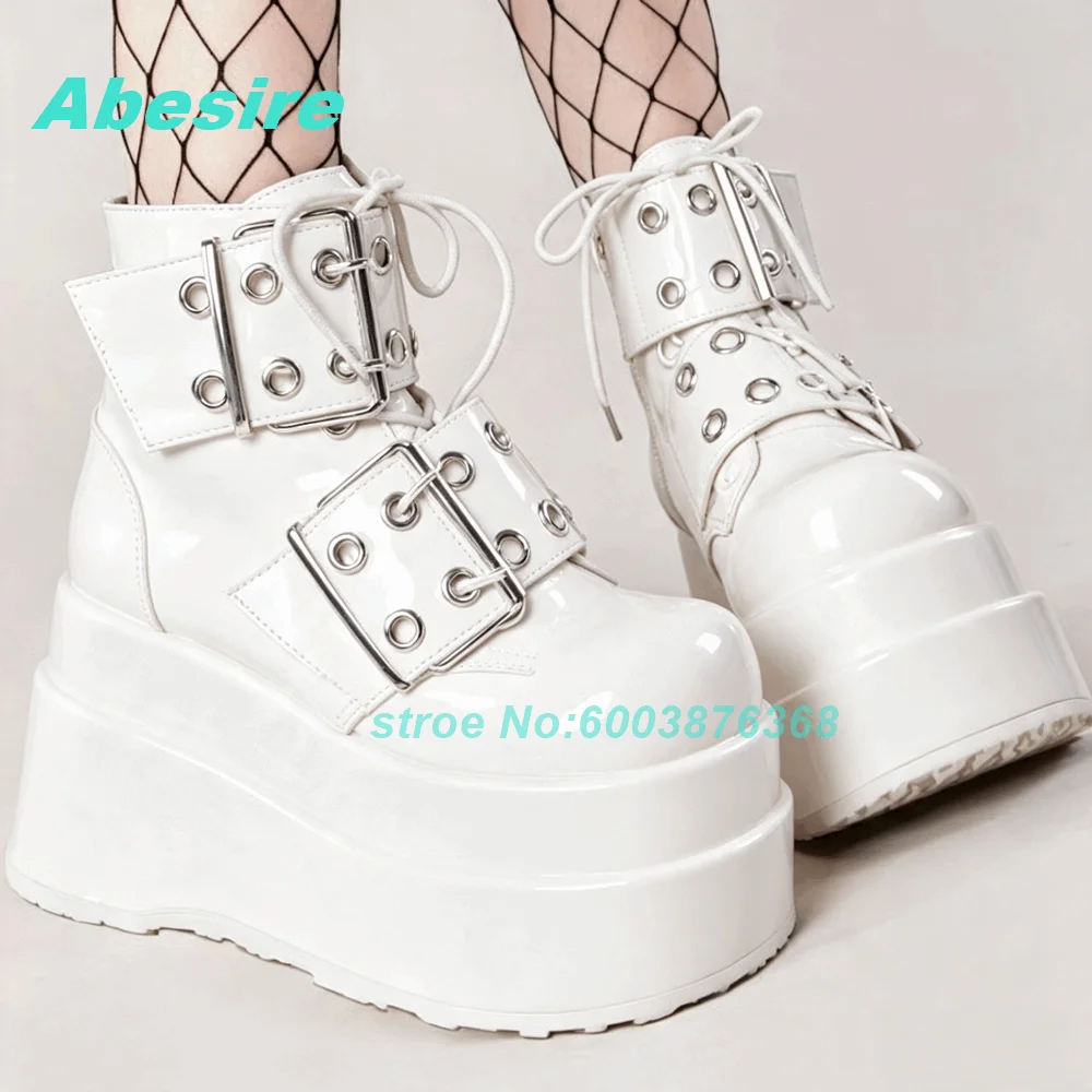 Black Patent Leather Platform Ankle Boots Double Metal Buckle Decor Side Zipper Women's Boots Gothic Punk Thick‑Sole Shoes