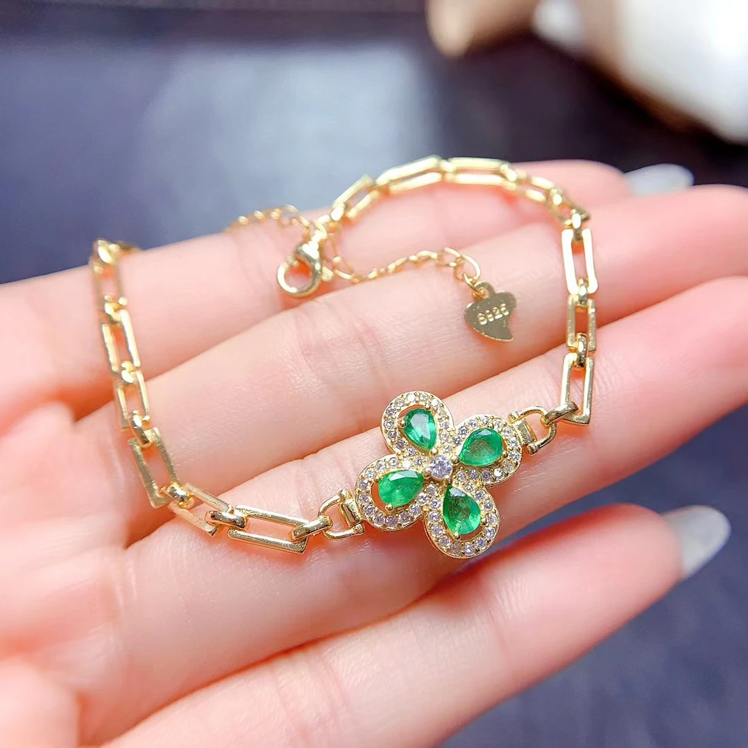 

MeiBaPJ 3mm*4mm Natural Emerald Gemstone Fashion Bracelet 925 Sterling Silver Green Stone Bangle for Women Fine Wedding Jewelry