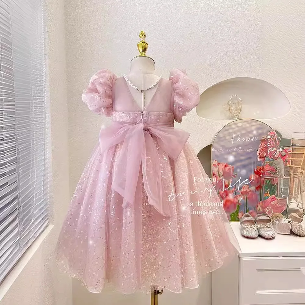 2024 New Summer Girls Sequins Fuffly Mesh Princess Ball Gown Children Cute Puff Sleeve Birthday Party Dress y1225