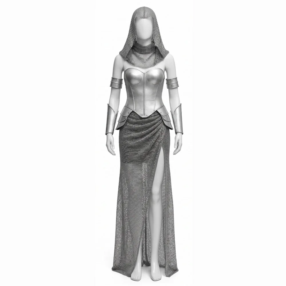 Medieval Women Knight Cosplay Retro Chain Mail Hooded Armor Top Skirt Bracelet Outfits Halloween Carnival Party Suit for Female - view 3