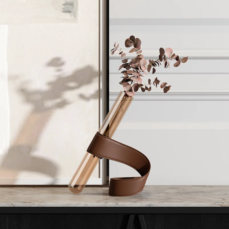 

Modern Art Glass Tube Living Room Table Vase Leather Bracket Handmade Luxury Private Home Decoration