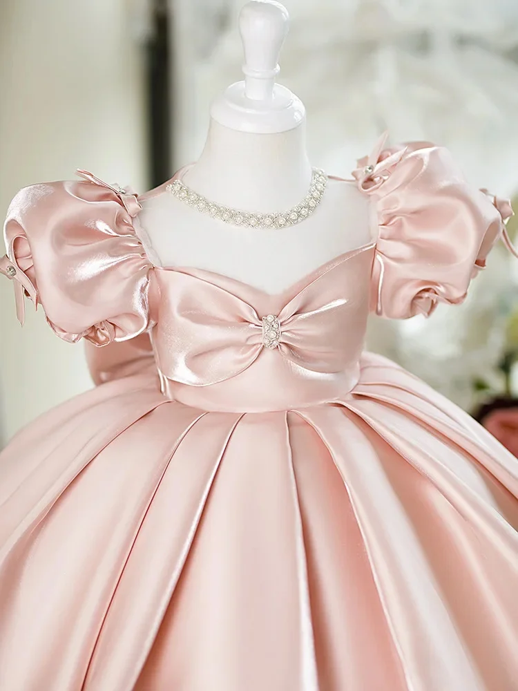 

Elegant Pink Satin Pearls Beading Flower Girl Dress For Wedding Knee Length Lovely Child First Eucharistic Birthday Party Dress