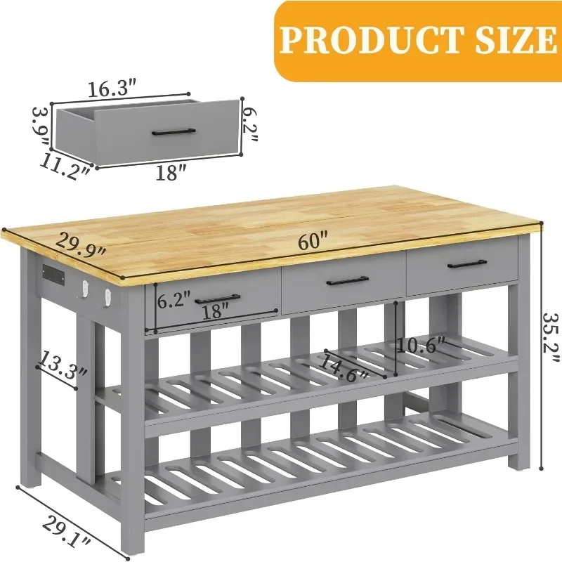 DynJest Solid Rubberwood Kitchen Island with Power Outlets Extra Large Work Surface, Drawers & Open Shelves Storage Cabinet for
