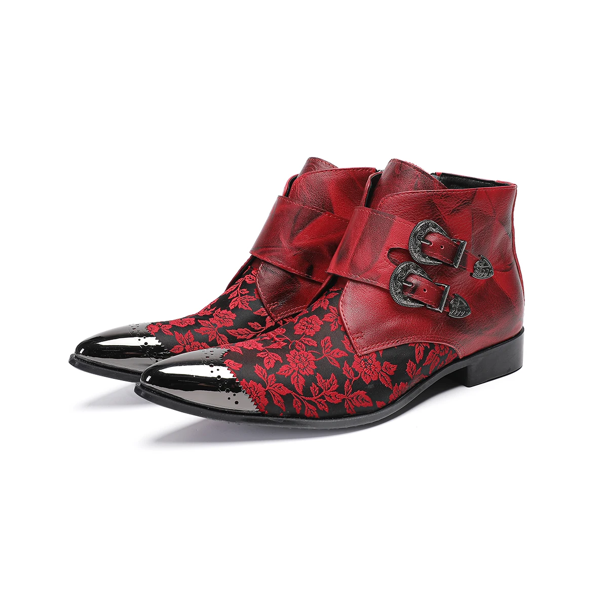 

Men's pointed leather shoes with fashionable red metal decoration embroidery buckle and trendy boots