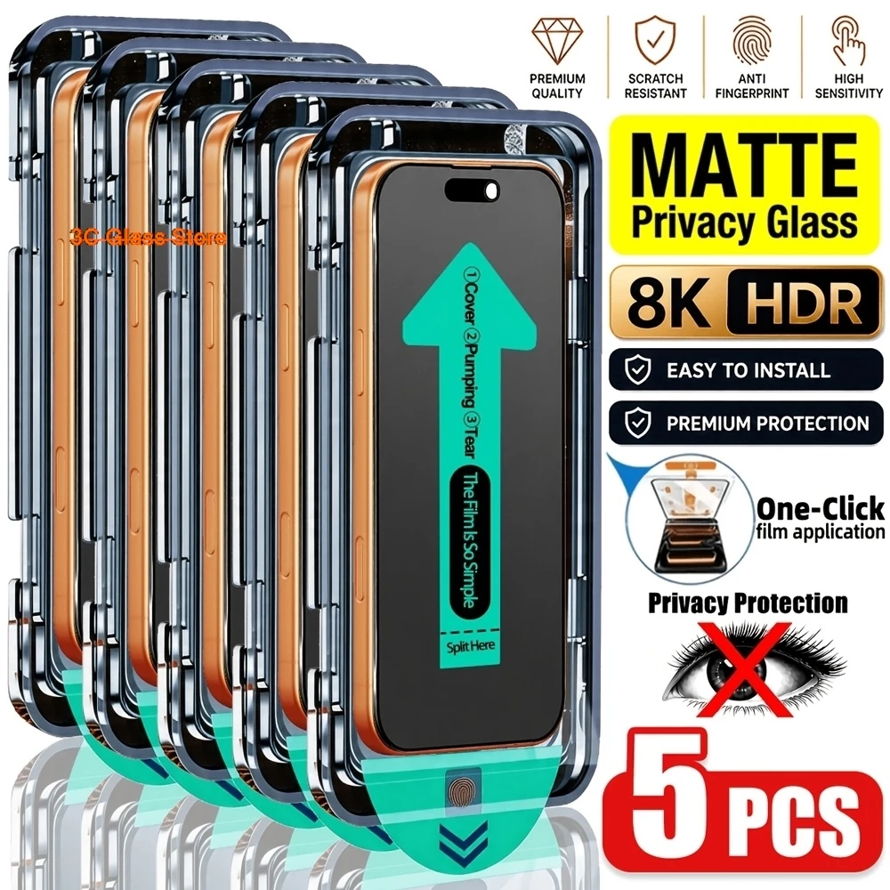 5pcs Privacy Matte Screen Protector For iPhone 17 18 Pro Max 16 Pro 15 14 13 12 11 16e 14 Plus Air X Tempered Glass Easy Install