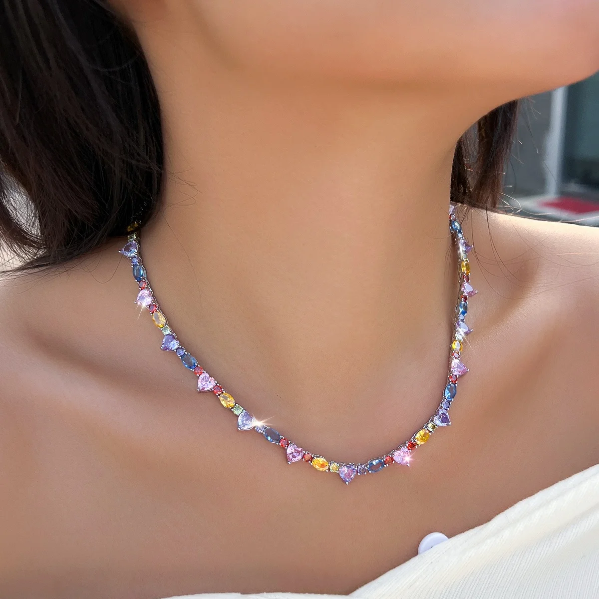 Pera Genuine Top Cubic Zirconia Heart Shape Colorful Rainbow Link Chain Women Choker Necklaces Chic Boho Party Jewelry Gift P054