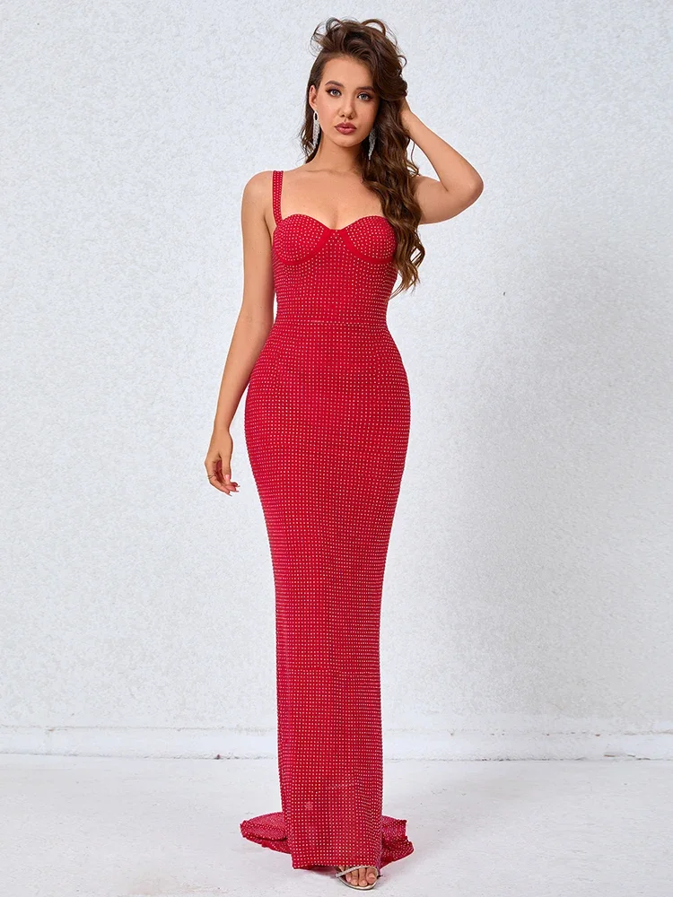 Vestido de sirena rojo sin mangas para mujer, tirantes sexys, diamantes brillantes, diamantes de imitación, Espalda descubierta, hasta el suelo, Bodycon, fiesta, Club