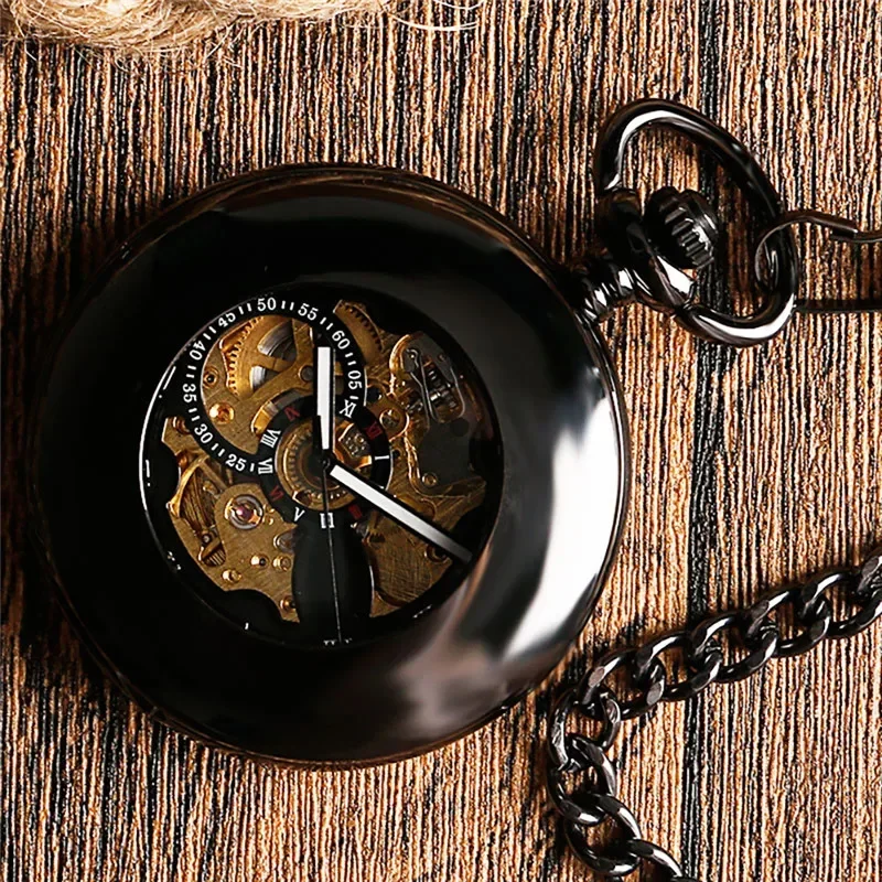 Steampunk Black Pocket Watch Smooth Case Half Hunter Automatic Mechancial Watches with Luminous Hands Pendant Skeleton Chain