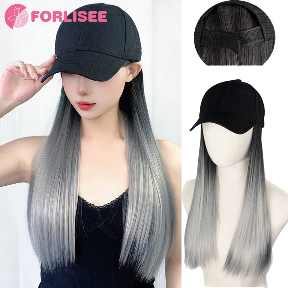 

FORLISEE Synthetic Wig Hat Women's Long Straight Hair Gradient Color Fashion and Cool Style Versatile Hanging Ear Dyed Wig Hat