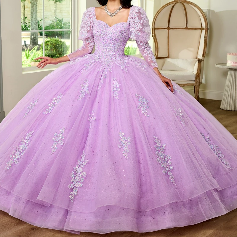 

Lavender Shiny Quinceanera Dresses Off The Shoulder Applique Lace Tull Party Birthday Ball Gown Sweet 16 Dress Vestidos 15 De