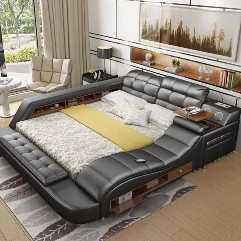 Master bedroom tatami smart double bed, modern simple multi-functional storage Bluetooth speaker European leather art bed