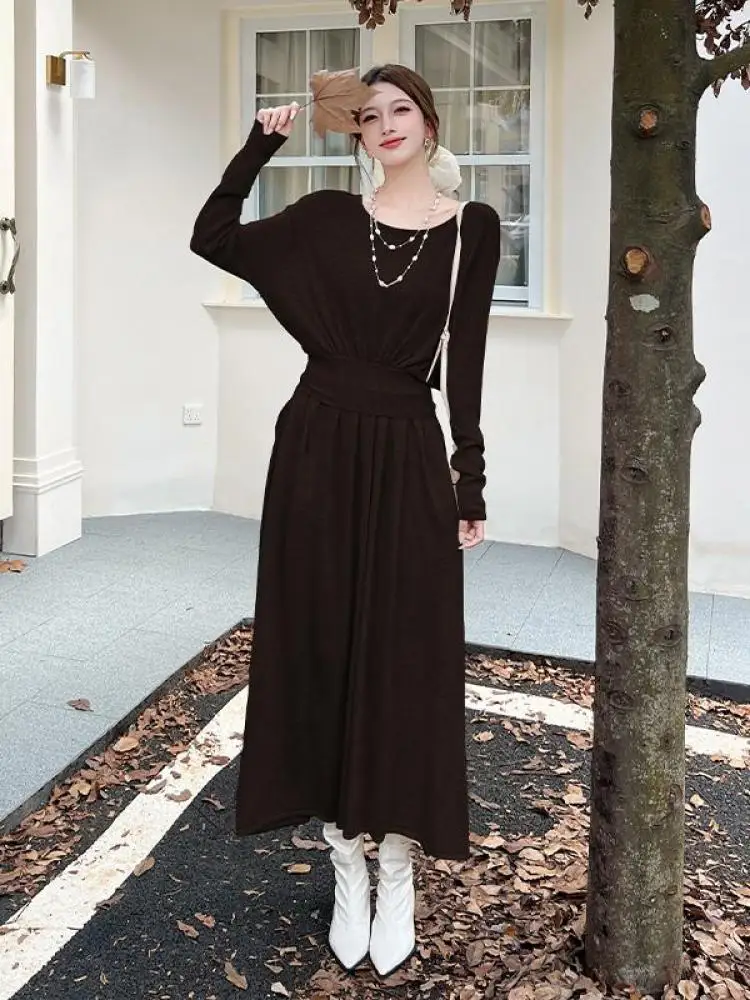 

Новый женский однотонный пуловер с круглым вырезом и длинными рукавами, вязаные топы + плиссированная юбка с высокой талией и бантом, осенне-зимний комплект из двух предметов