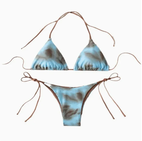 

Комплект бикини с эффектом тай-дай, на шнуровке, для пляжного отдыха, для женщин, удобный крой, стильный узор, регулируемая застежка, дышащий материал