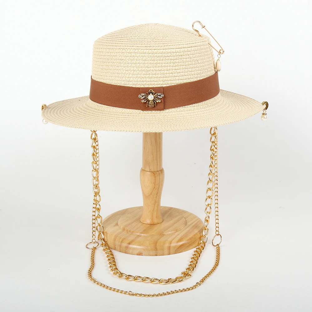 New Design Double Chain Beach Hat For Women Elegant Flat Sun Hat Ladies Dress Hats On Party Straw Hat Sunshade