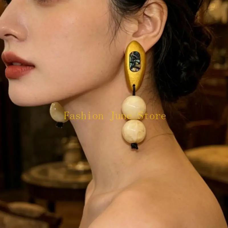N5KA Long Fashion Earrings for Women in Gold Tone and Cream Bead Colors, 9 x 2 Decorative Pair for Daily Styling and Photo Ready
