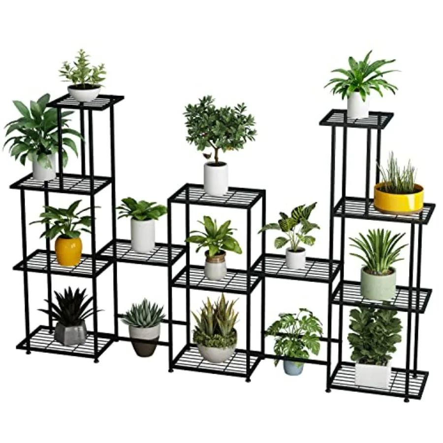 Indoor outdoor plant stand for patio, balcony, garden, yard; black steel; 13-tier tall multi-tier shelf; sturdy and decorative