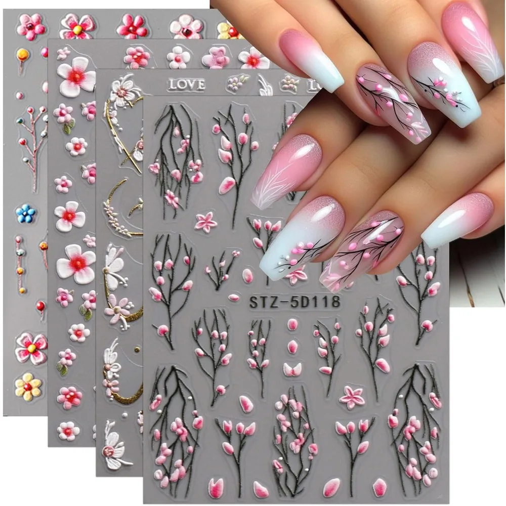 

3D Embossed Flower Nail Art Stickers Self Adhesive 5D Floral Manicure Decals Spring Summer Nail Design Decorations Supplies 4 Sheets