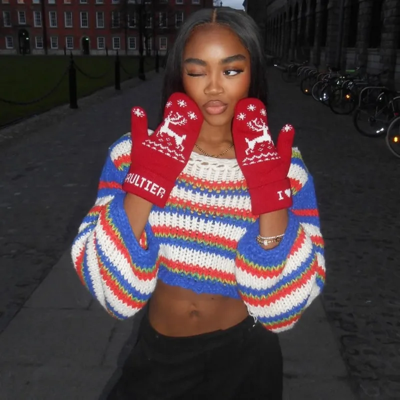 

2025 осень-зима, полосатый свободный вязаный пуловер, свитера, женские цветные лоскутные повседневные джемперы с круглым вырезом и длинными рукавами, укороченные топы