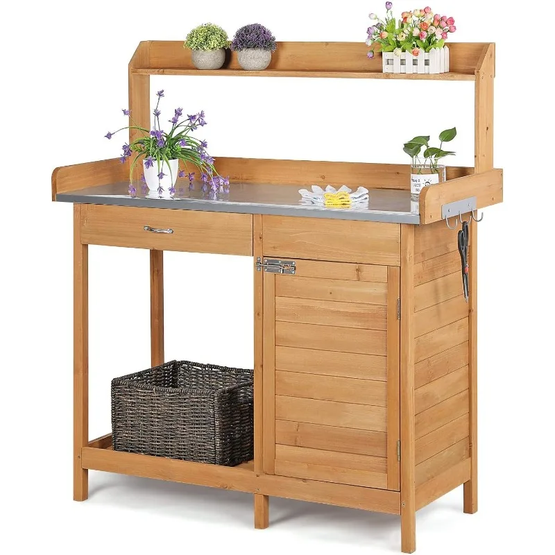 Topeakmart Outdoor Potting Bench Table Work Station Garden Planting with Cabinet & Drawer & Top Shelf & Lower Shelf Natural Wood