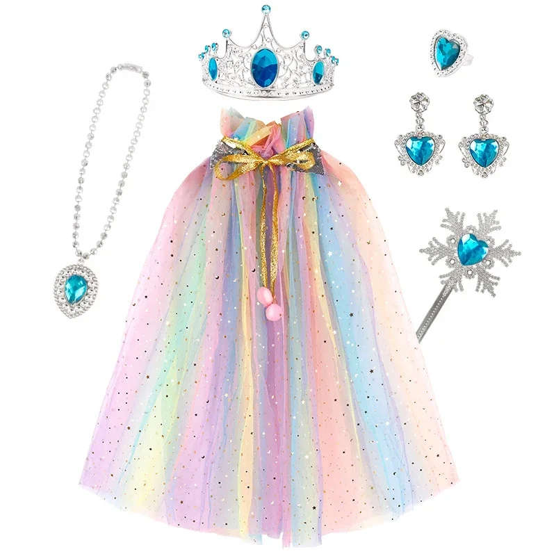 Girls Dress Up Princess Coloured Cloak Fairy Wand Crown Necklace Earrings Ring Girl Play House Toy Birthday Dress Up Accessories