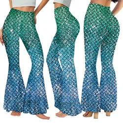 Cosplay Mermaid Fish Scale Print Colorful Shiny Costumes Flared Pants Women Halloween Party Carnival Bell Bottom Trousers