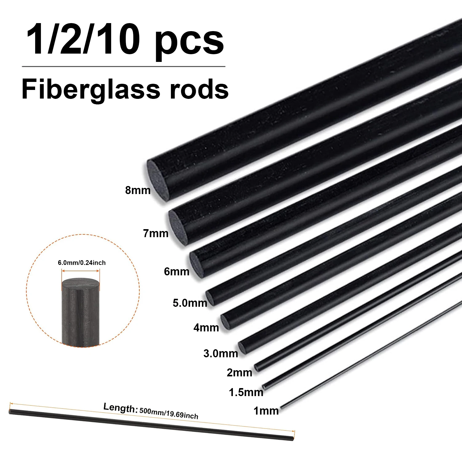 1-10PC Black Glass Fiber Bar Diameter 0.8mm/1mm/1.5mm/2mm/2.5mm/3.0mm-8mm Insulation Material Solids Fiberglass Rod Length 500mm