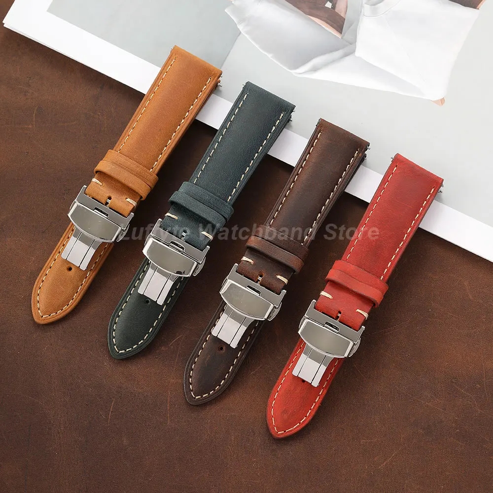 Crazy Horse Leather Watch Strap Quick Release Design Stainless Steel Butterfly Buckle 18/20/22mm Men's Watch Accessories